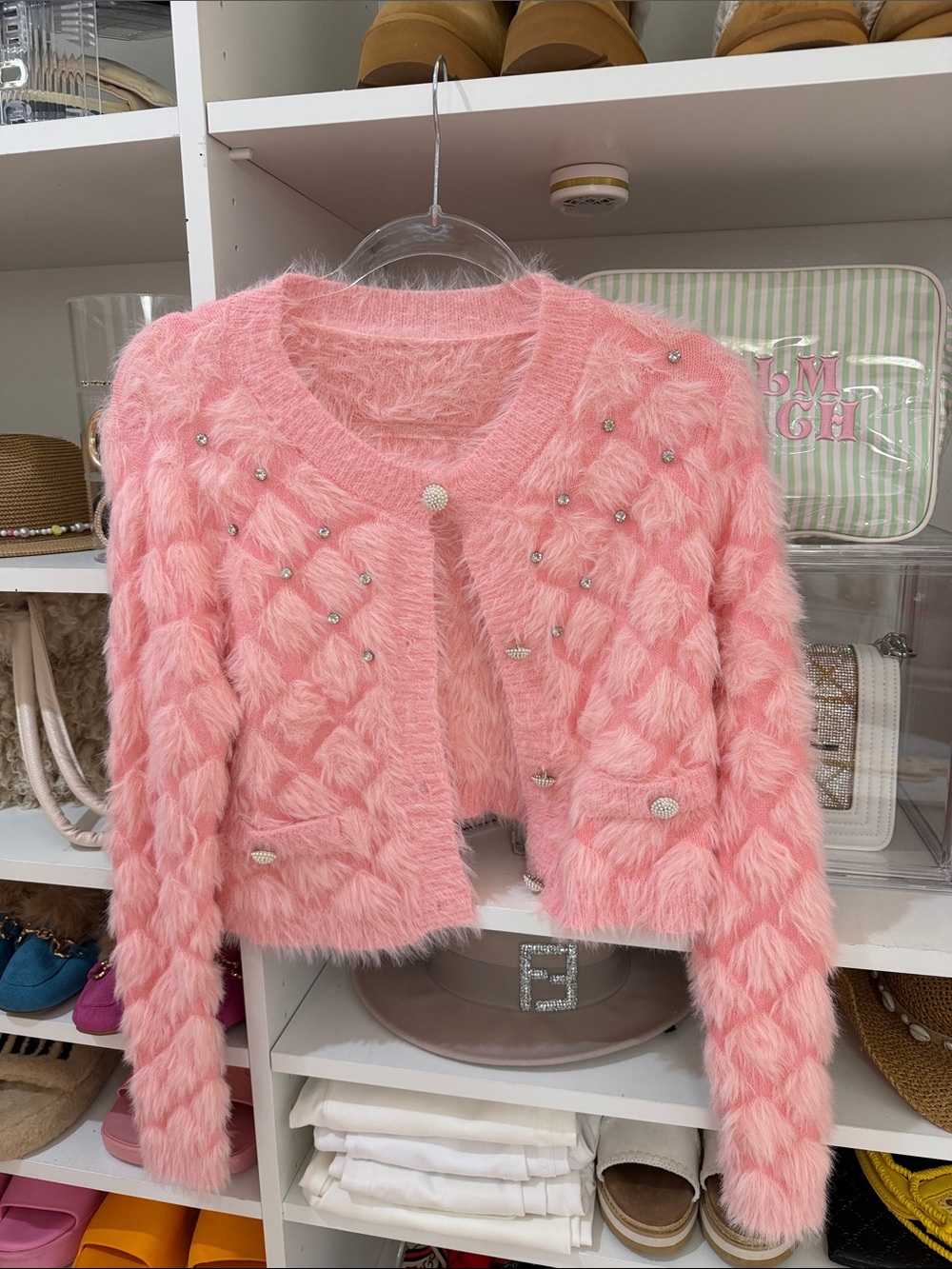 Pink Faux-Fur Beaded Women's Cardigan